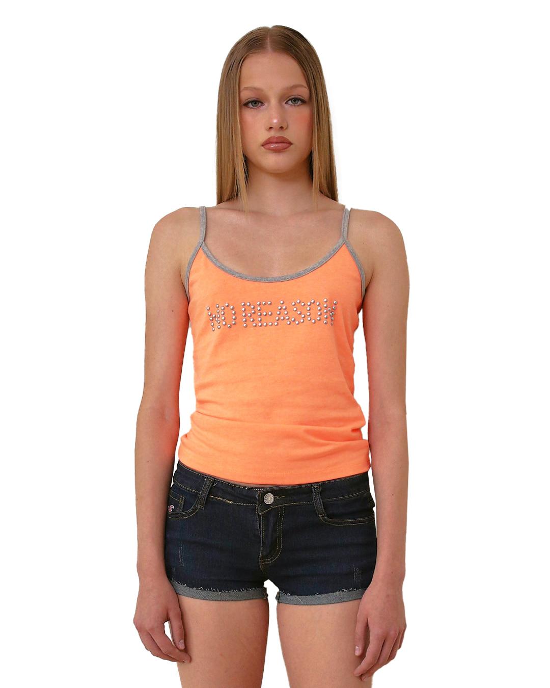 RHINESTONE RIBBED CAMI TOP, NEON ORANGE