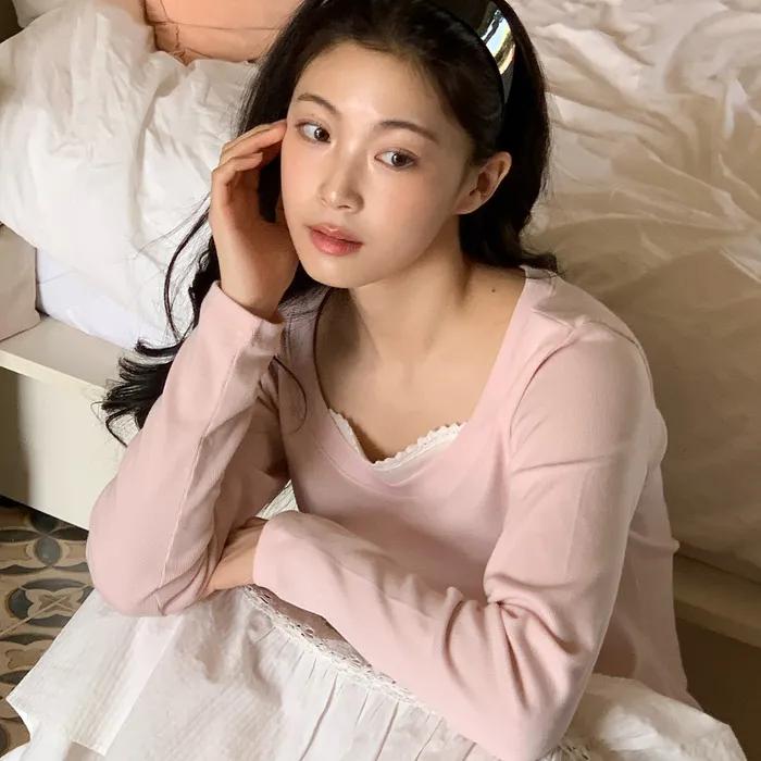 마레니 레이스 레이어드 티셔츠 ( 핑크 )