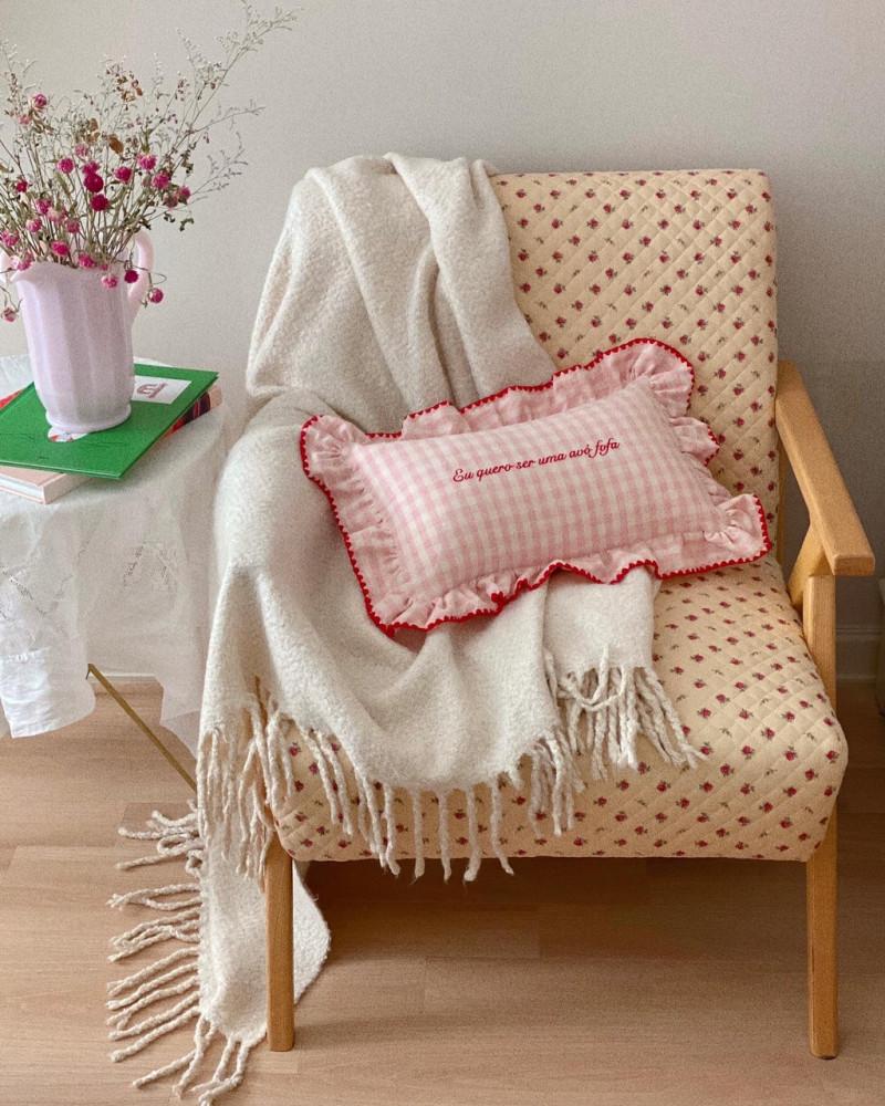 보르다두 프릴 쿠션 핑크 체크무늬 레터링 자수 미니쿠션 아기베개 커버