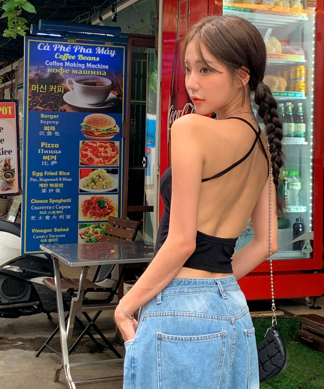 밍피스 [made] 와이키 백리스 홀터 코로스 스판 캡나시 끈나시
