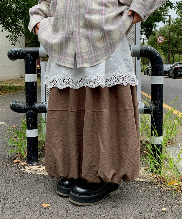 [2컬러🥨] 마그넷 벌룬 밴딩 롱 스커트  펌킨 항아리 레이어드 A라인 맥시 면 코튼 가을 치마