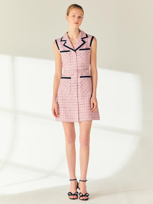 KAYLA Contrast-trim sleeveless semi A-line tweed mini dress (Pink)