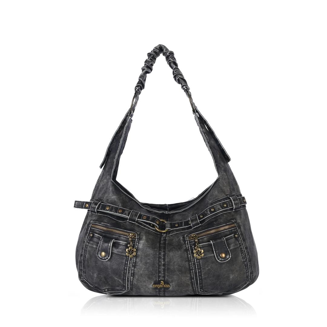 Vintage Vegan Leather Handbag – Multi-Pocket Shoulder Tote - BLACK