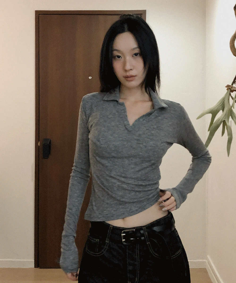 레카 시스루 브이넥 카라 긴팔 티셔츠