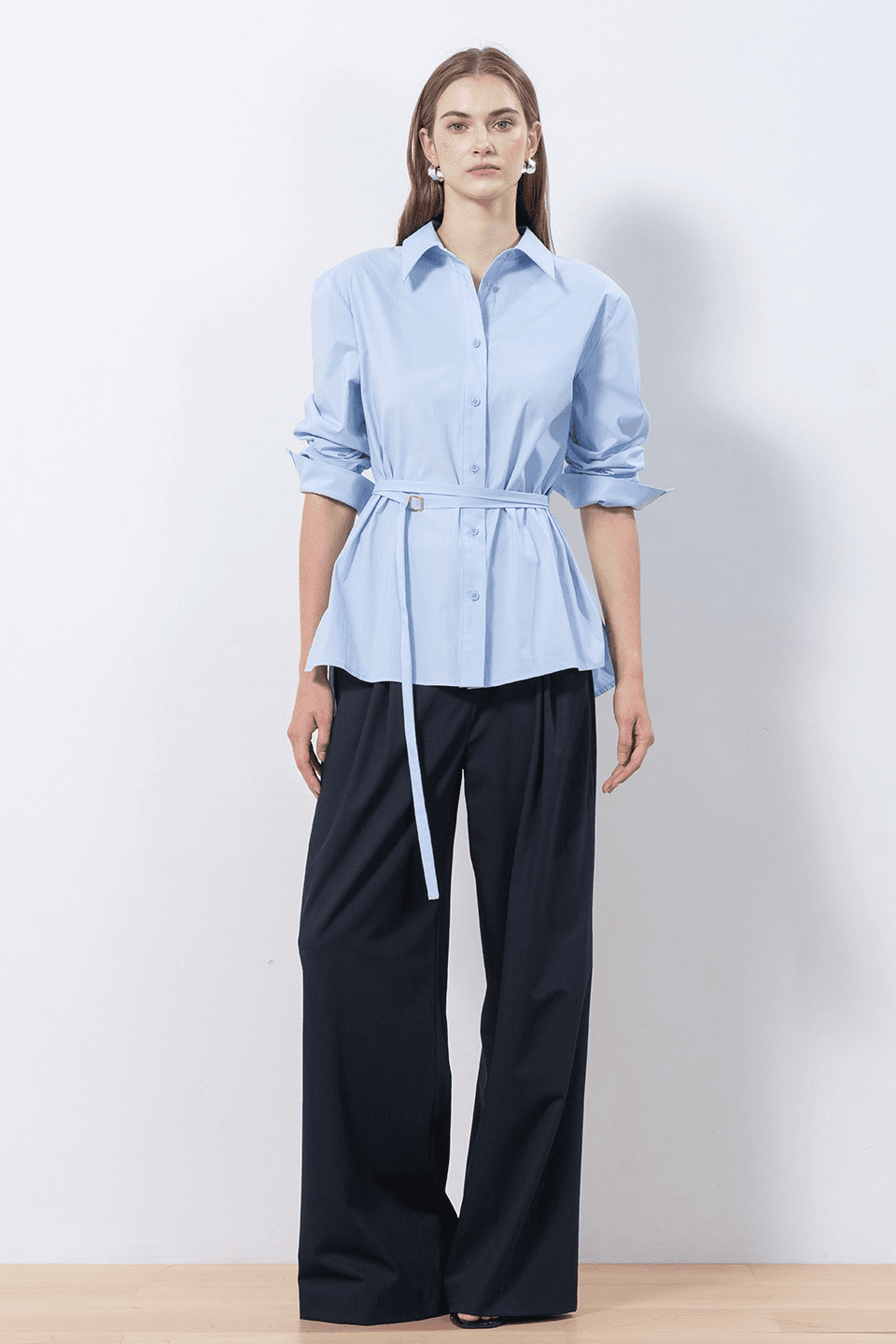 Detachable-belt poplin long shirt - skyblue
