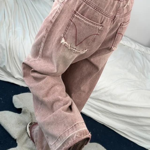 레트로 핑크 유니크 와이드 스트랩 데님 팬츠(5-7일 여유주문)