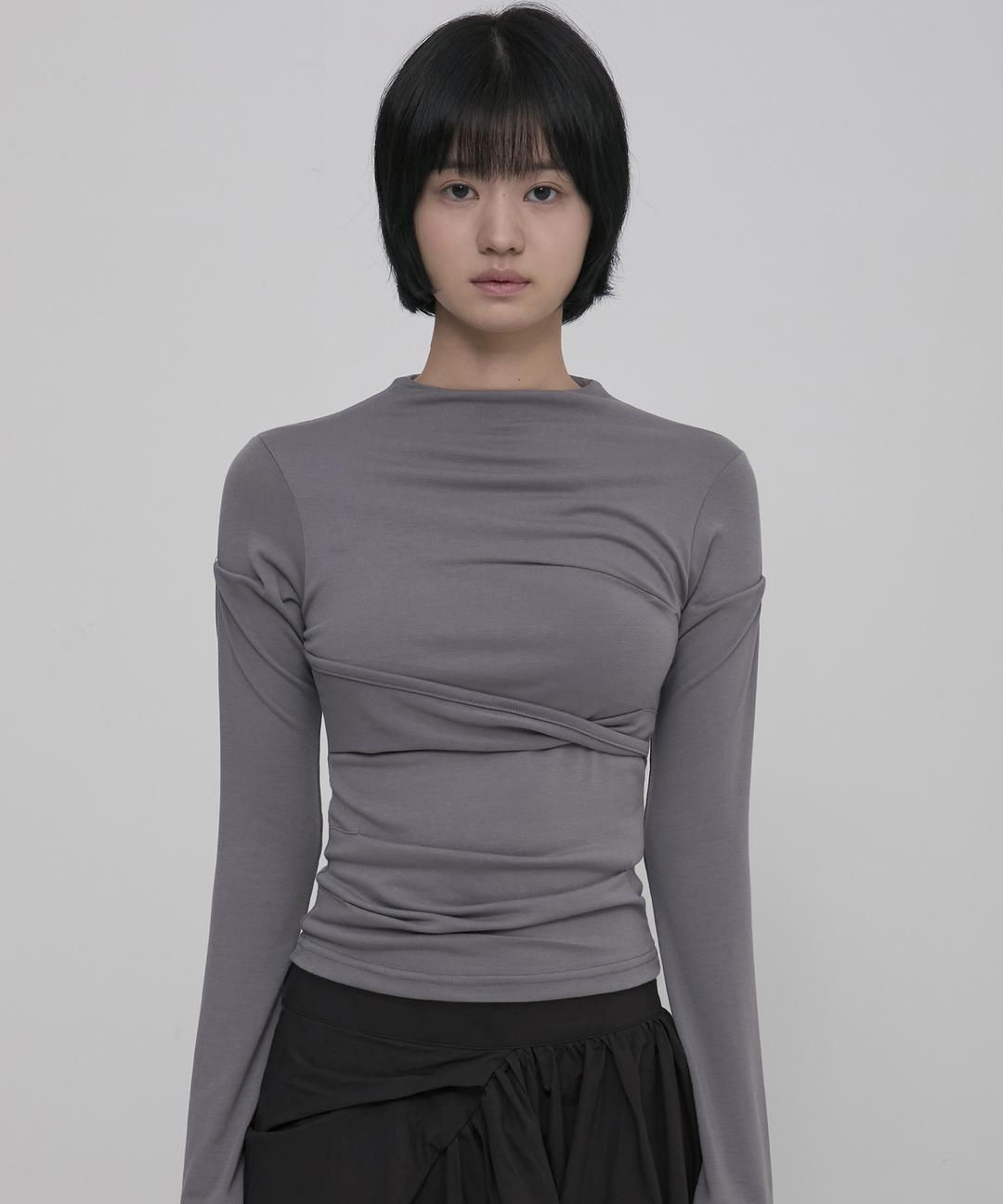 Asymmetrical Draped Mock Neck (FL-191_Gray)