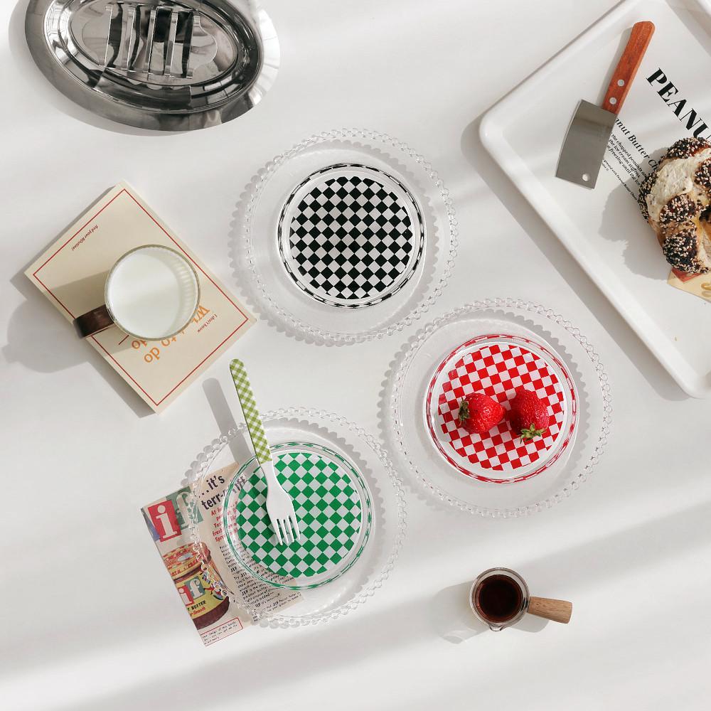 체커보드 글라스 플레이트 플레이팅 브런치 빈티지 디저트 그릇 접시 3color