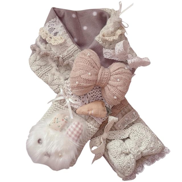 ❁ふわふわうさぎさんのリボンマフラー❁【ピンク×白】