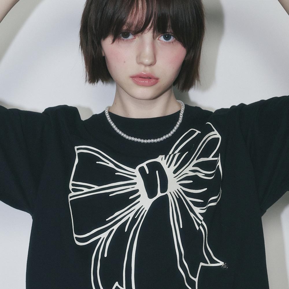 BIG RIBBON LINE T SHIRT BLACK CREAM