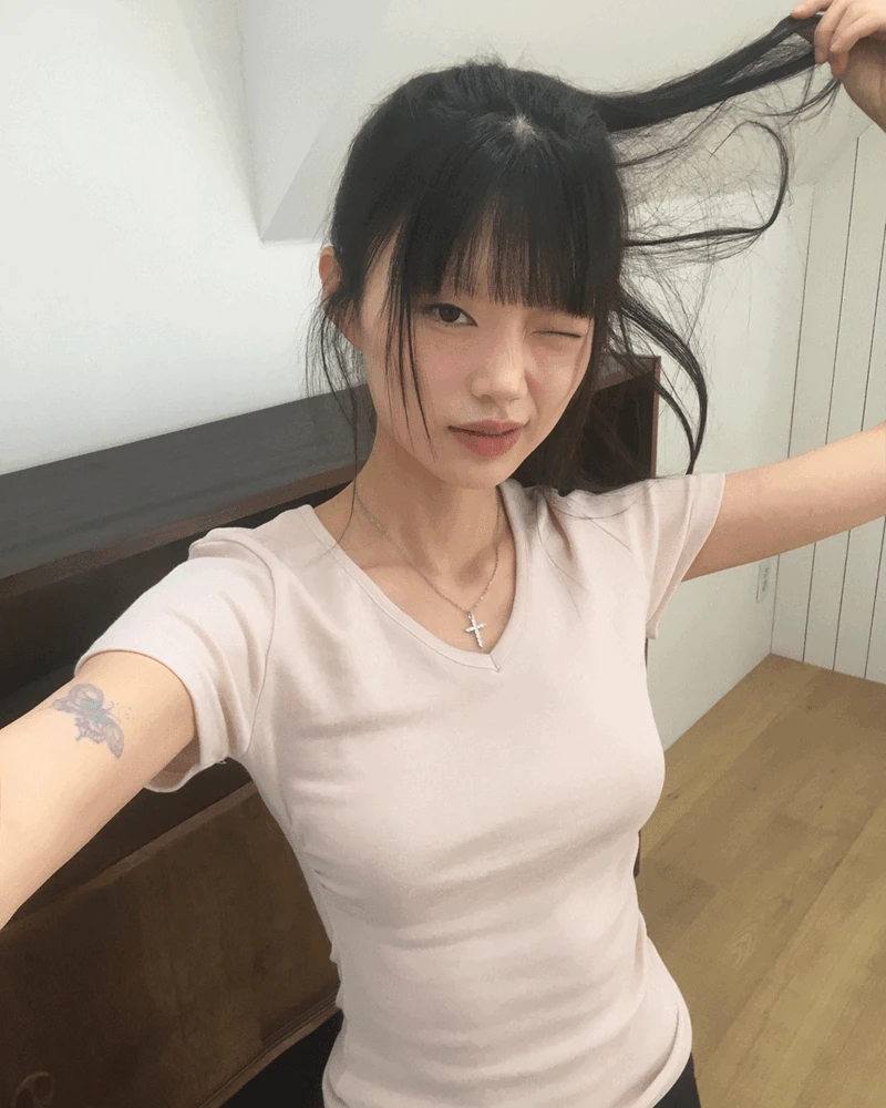 [허얇핏🖤/6col] 몬브 사이드 셔링 브이넥 반팔 티셔츠