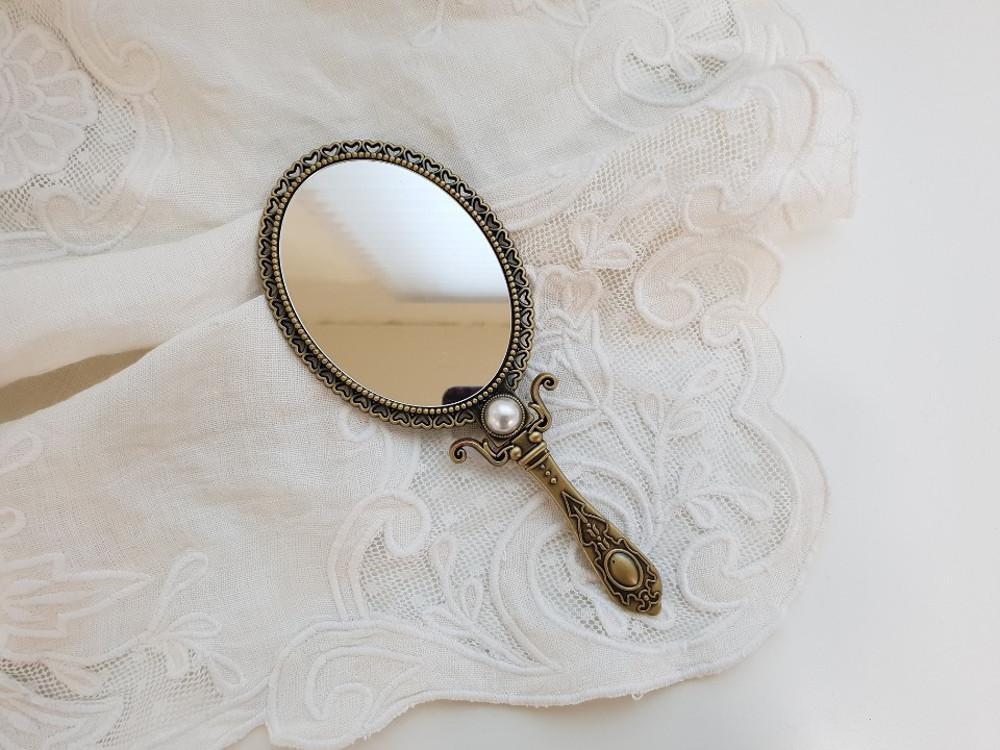 신주 골드 하트 타원 엔틱 접이식 손 거울 앤틱 빈티지
