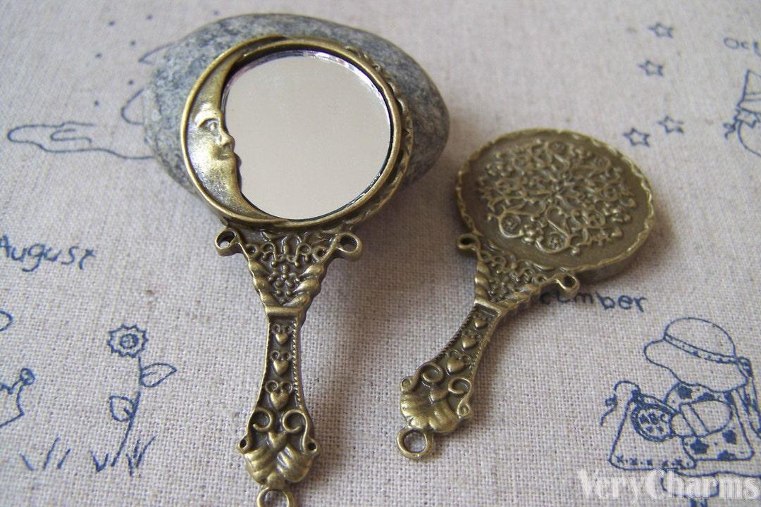 Moon Face Glass Mirror Pendant Antique Bronze Ancient Charms 30x62mm Set of 2 pcs A4245