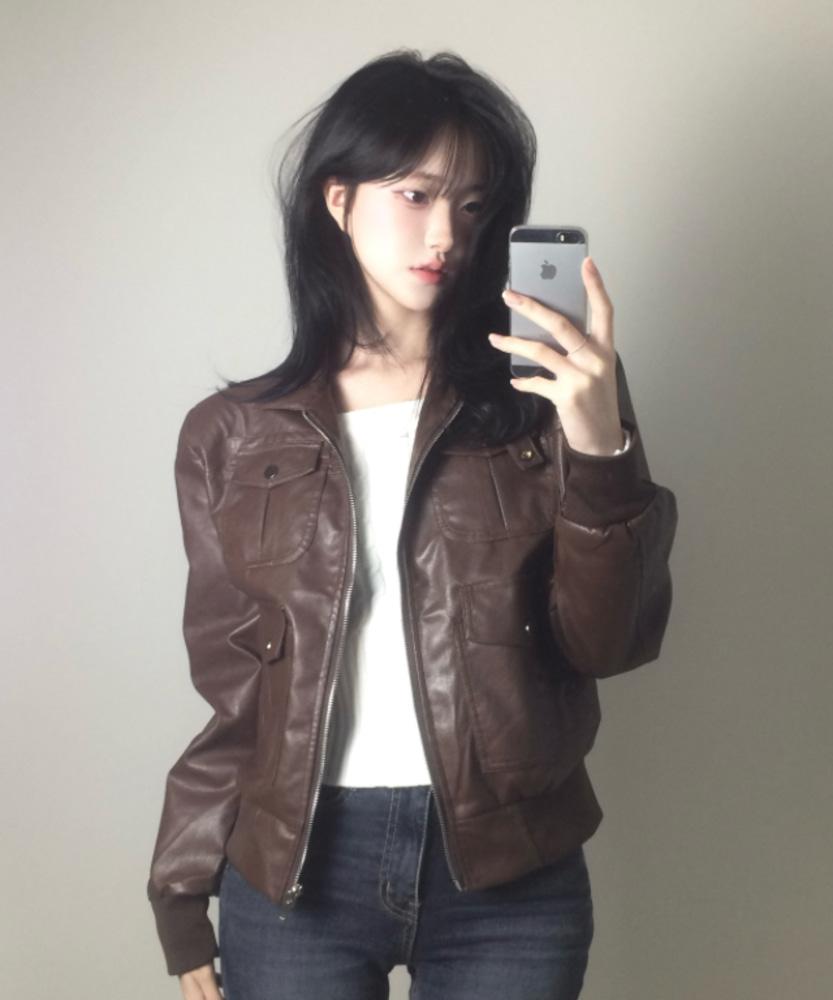[유광레더/따숩] 하루 포켓 브라운 레더 바이커 집업
