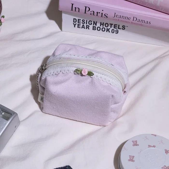 패브릭 사각 파우치 하트펀칭 핑크 S