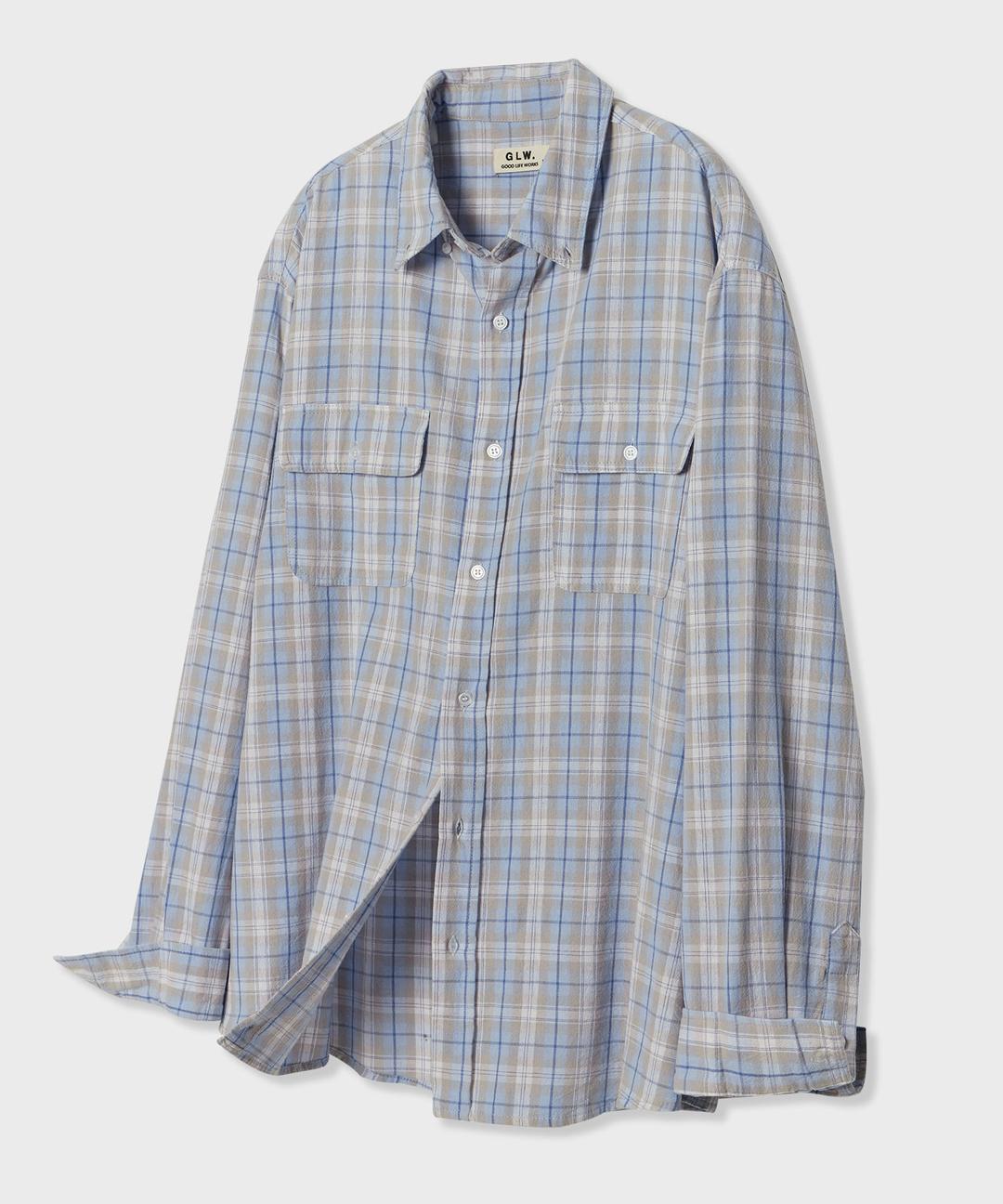 오버핏 투 포켓 체크 셔츠 블루