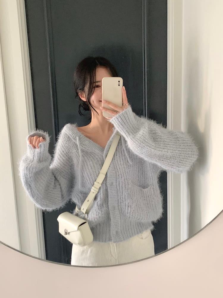 후드 니트 퍼 가디건