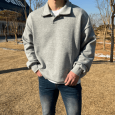 남성용 로댄티 무지 오버핏 긴팔 카라 맨투맨