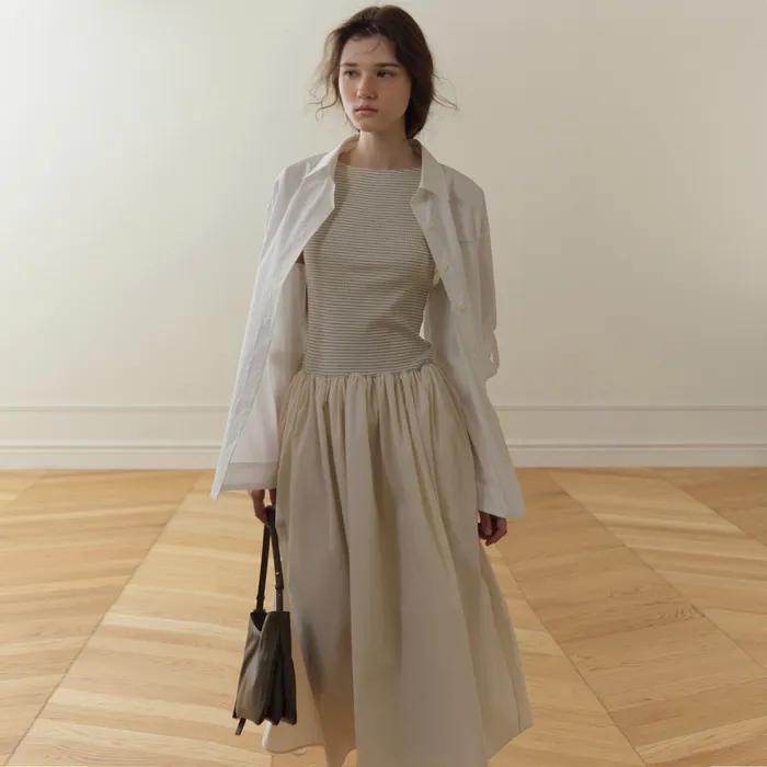 Tia Shirring Maxi Dress (Gray Stripe)