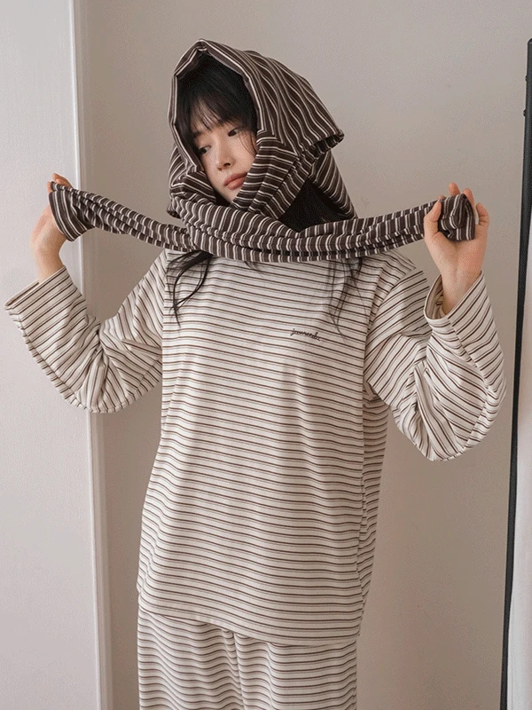 [1천장 돌파] J'eu 토피넛 스트라이프 자수 파자마 잠옷 세트 2color