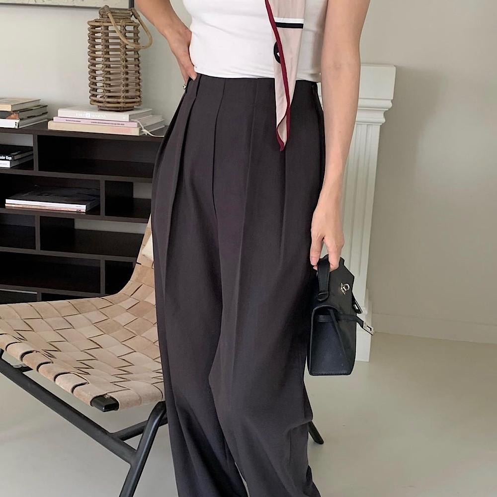 엘콤마 사이드 핀턱 슬랙스 여자 가을 일자핏 와이드 팬츠 (2col)