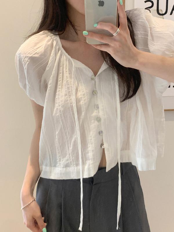 퓨어 반팔 벌룬 블라우스 bl (3color)