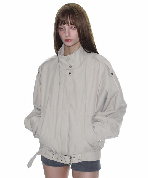 하이넥 벨티드 블루종 자켓_베이지