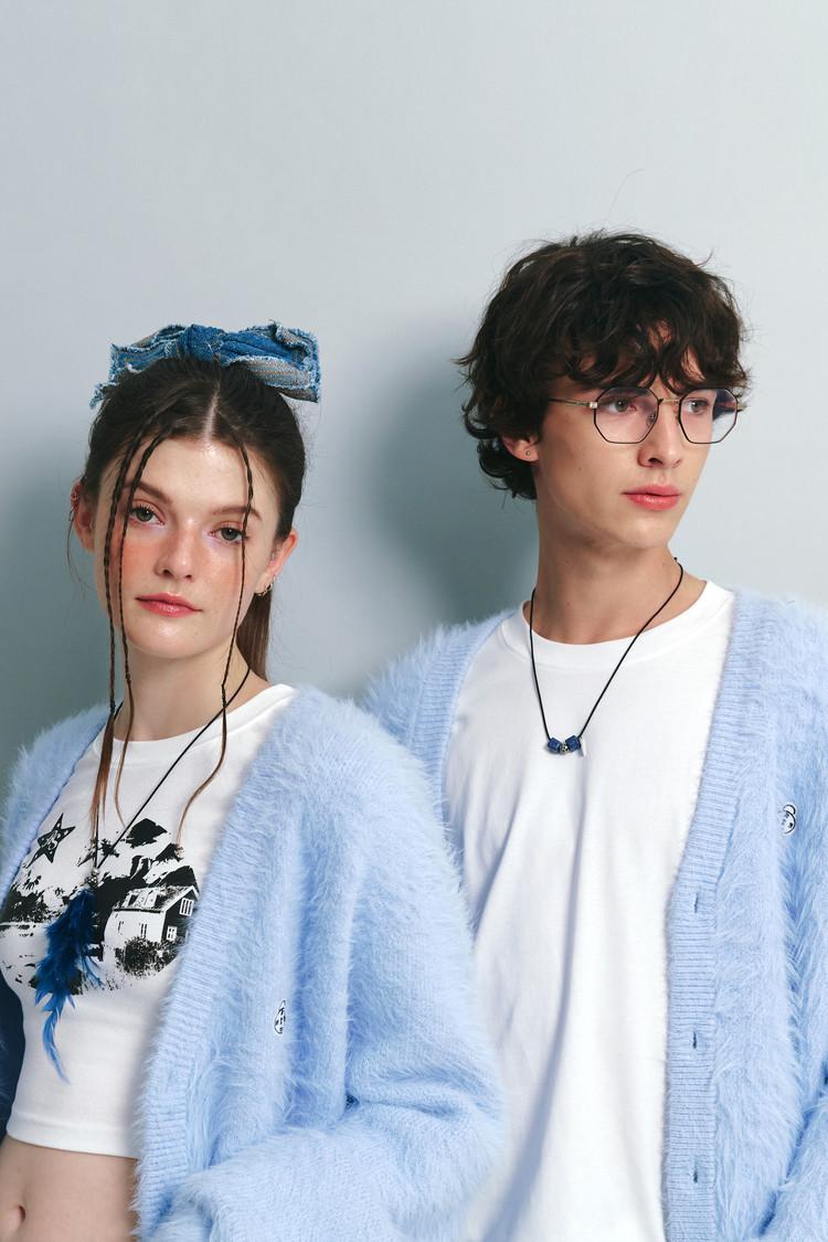 스카이블루 앙고라 브이넥 단추 가디건