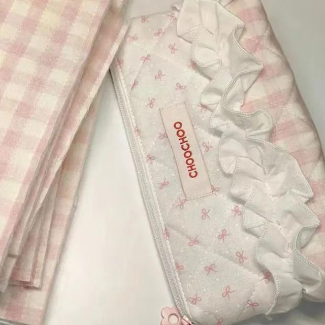 [해외] 핑크 리본 레이스 퀼팅 봉제 필통