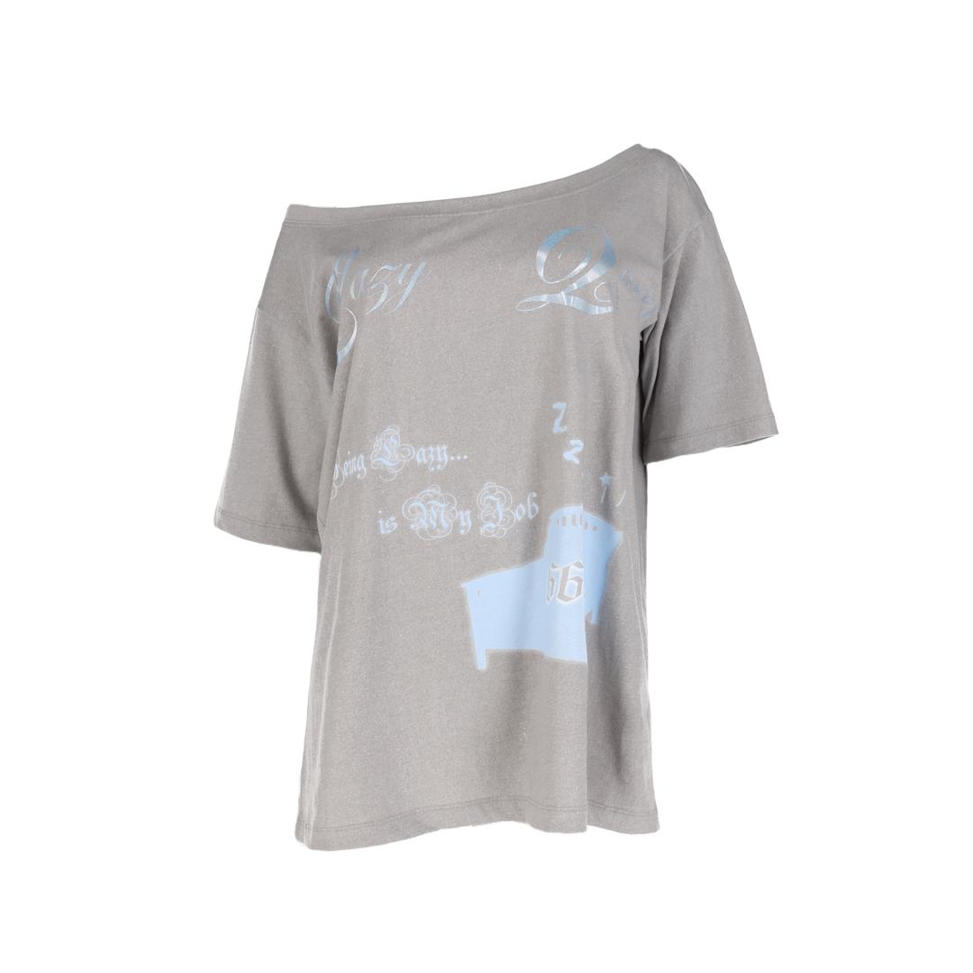 Lazy Queen Shiny Off-Shoulder Tee- Grey