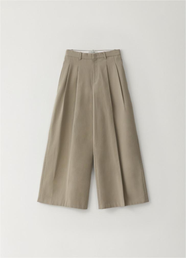 Cotton Tuck Wide-Leg Pants Beige