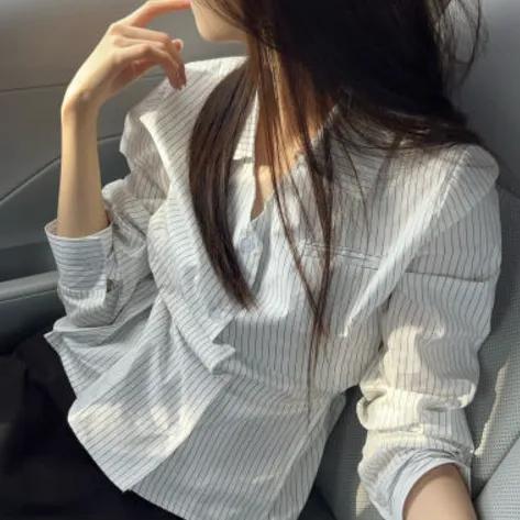 [주문폭주/일주일소요] 세로 스트라이프 타이 셔츠 블라우스 - 3col