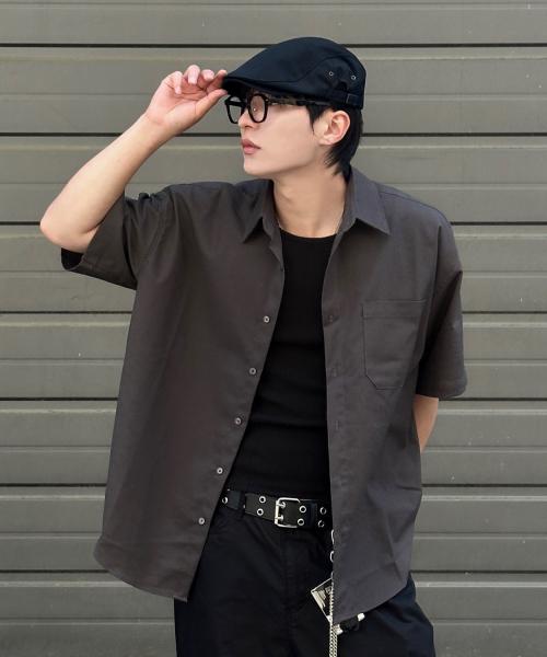 린넨 포켓 오버핏 반팔 셔츠 [차콜]