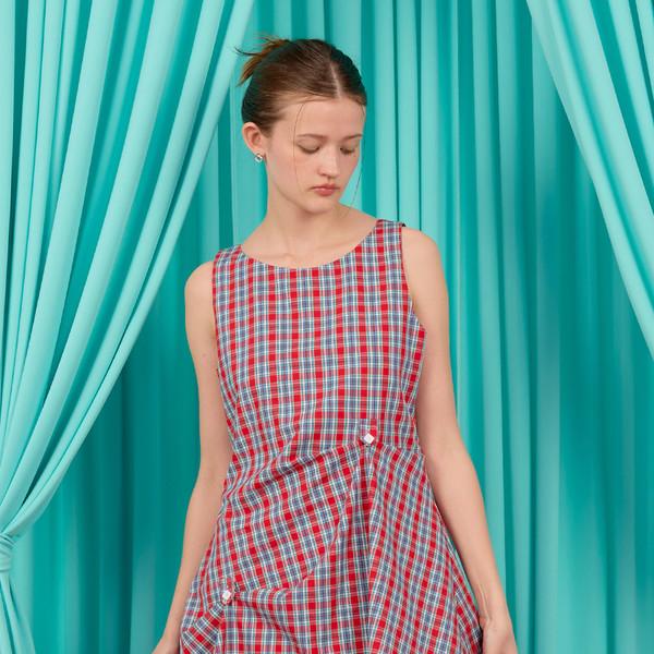 BUTTON FLARED MINI DRESS / check-red