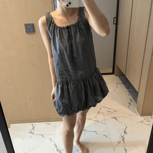 넥 스트링 셔링 스트라이프 펌킨 미니 나시 원피스