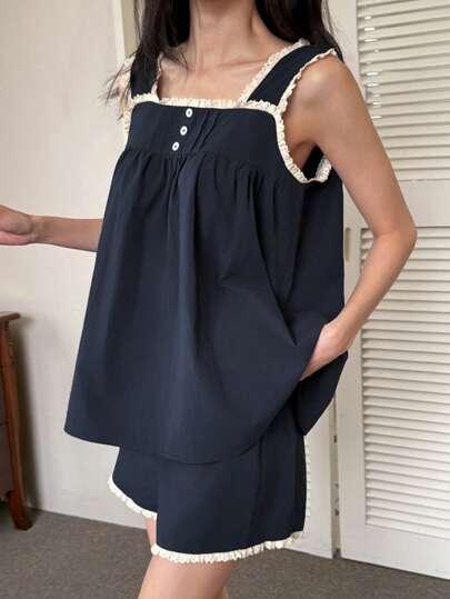 DAZY 2개 여성 플로럴 레이스 트림 캐미솔 탑 및 숏츠 파자마 세트