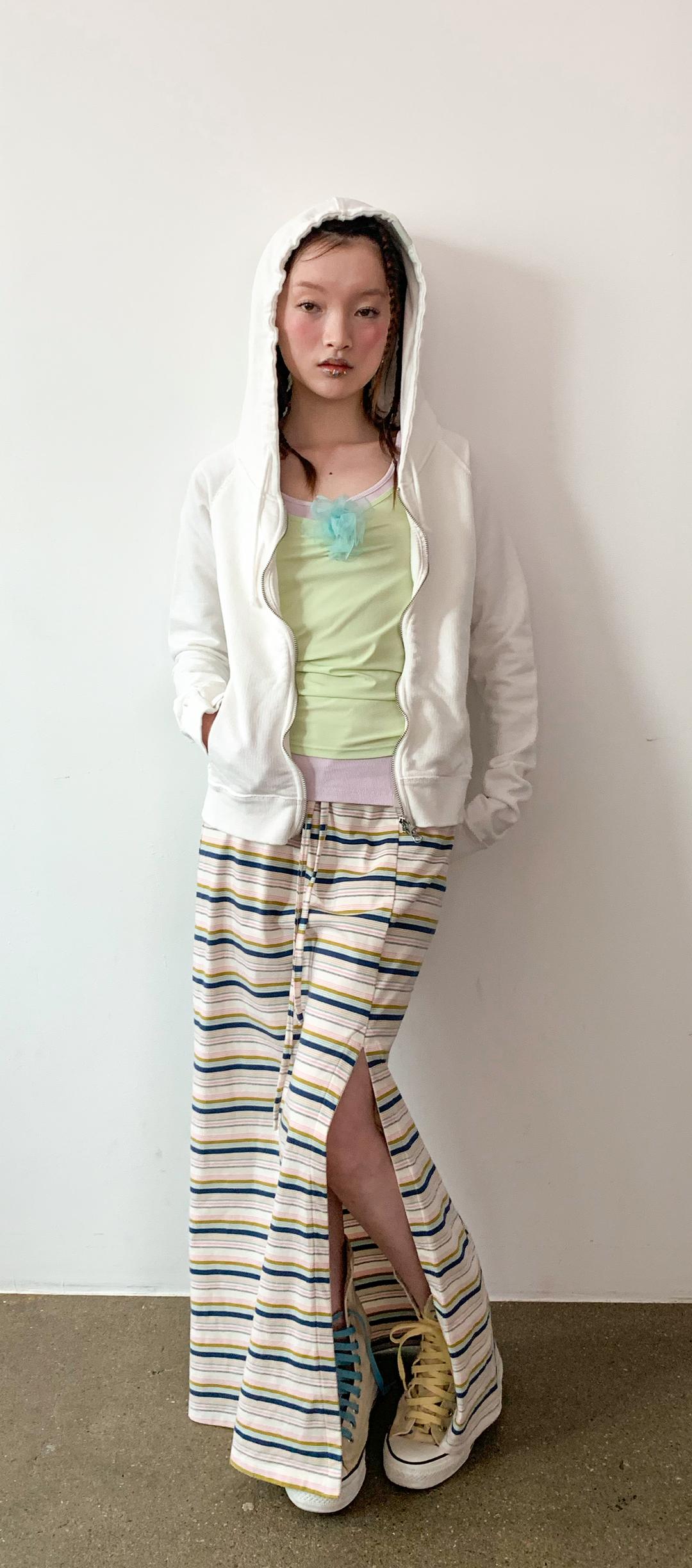 [F.E.E.S] stripe slit long skirt (blue)