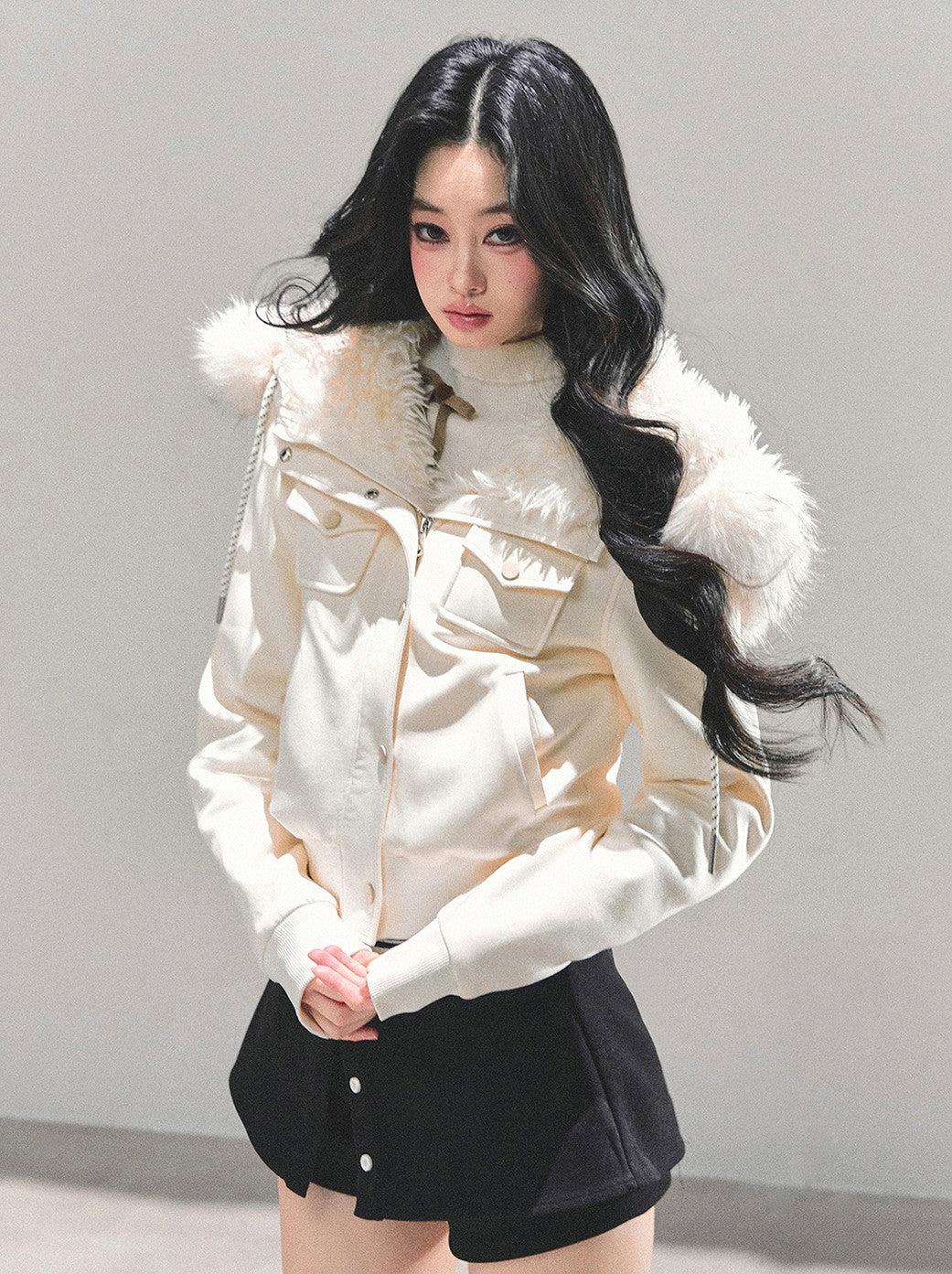 Snowy Fur Hooded Pocket Jacket DIA0717
