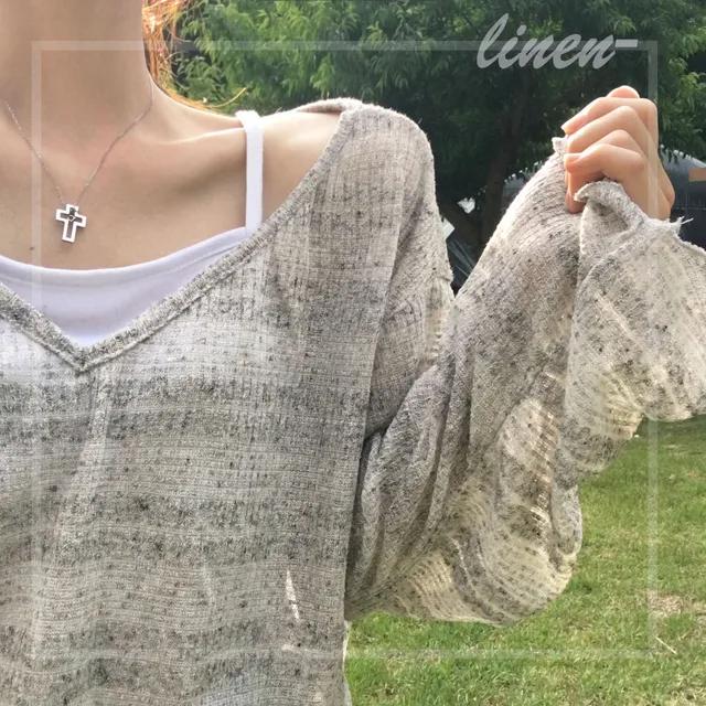 ( 여리여리~) 시르루 레이어드 린넨t / 오버핏 크롭 브이넥 얇은긴팔 / 장마철, 살탐방지! 줄무늬 커버업 크롭긴팔티 / 얇은니트 여름긴팔 시스루 여름니트