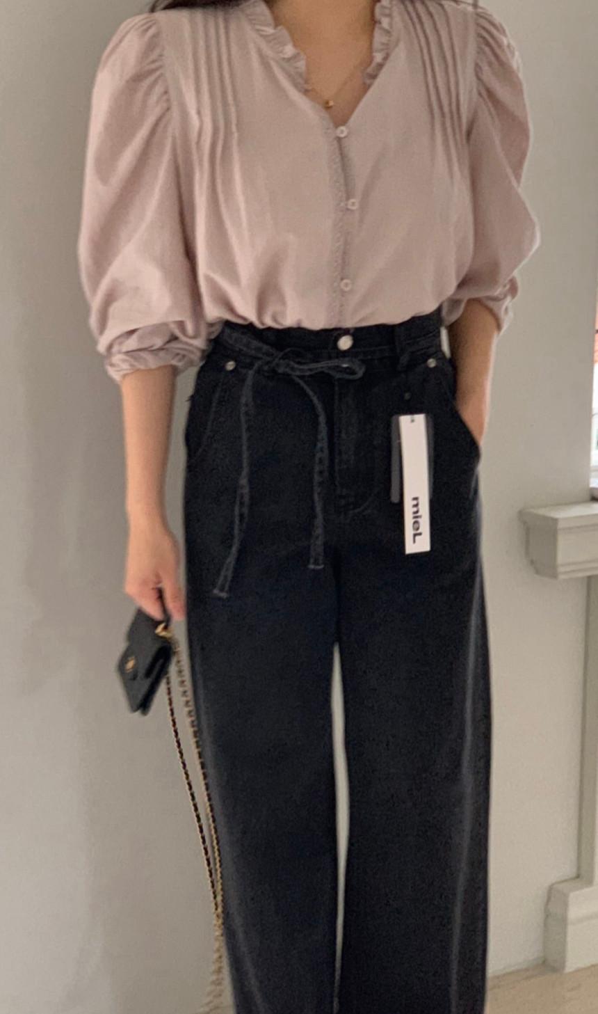 miel 미엘 065 리본 블랙진 가을 하이웨스트 진청 데님 팬츠 (2c)