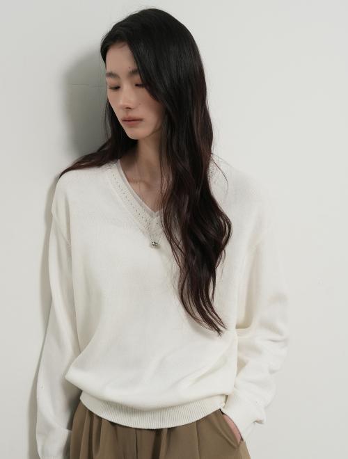 코튼 레이어드 브이넥 니트 풀오버 [WHITE] / GF1LKP506