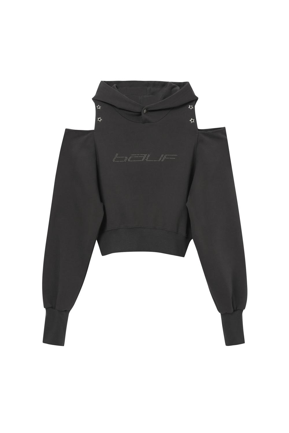 스타 컷아웃 오프숄더 크롭 후드[챠콜]