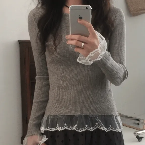 [레이어드필수템🤍] 첼로 레이스 골지 니트 티셔츠