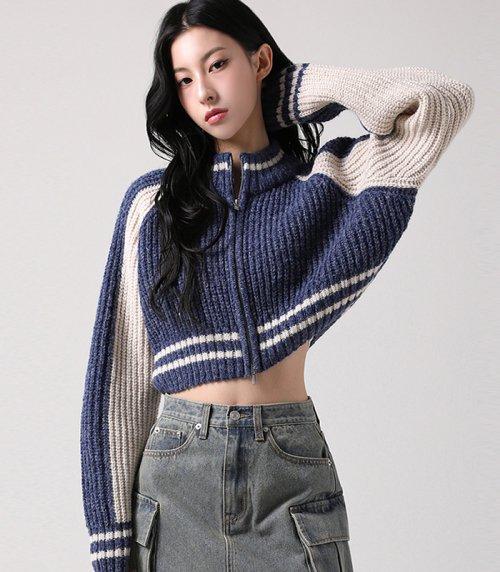 Block Raglan Knit Zip-up NAVY