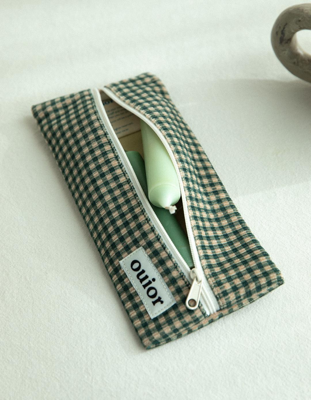 ouior flat pencil case - corduroy green check (middle zipper)