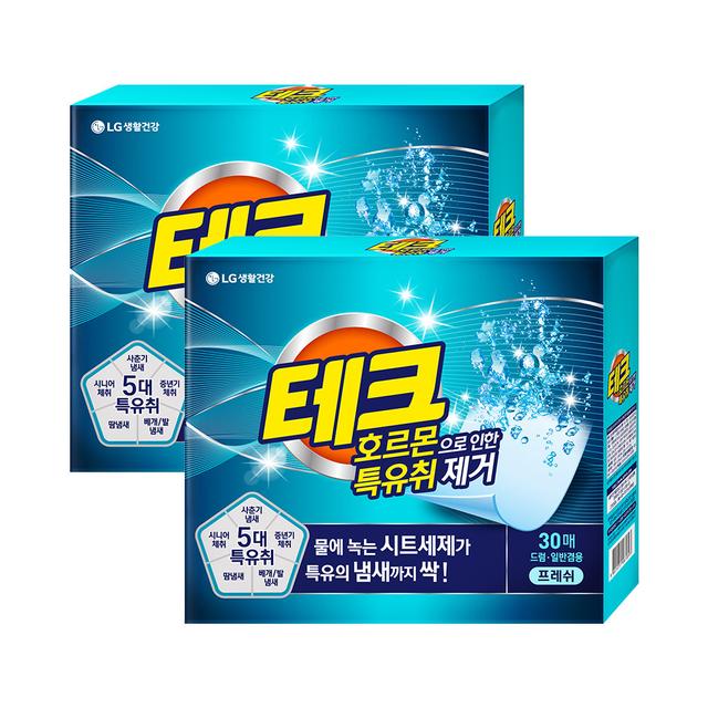 테크 특유취 제거 파워시트 녹는 효소 시트세제 일반드럼 겸용 프레쉬 30매 2개