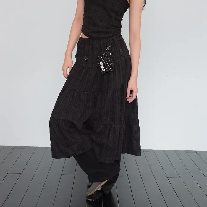 2way Button Shirring Skirt (Black Check)