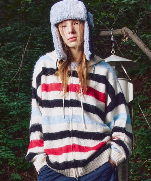 XTK155 위트 스트라이프 헤어리 니트 후드 집업 (IVORY)