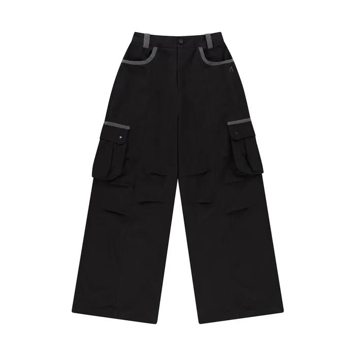 Knee Pin-tuck Contrast Cargo Pants (Black)