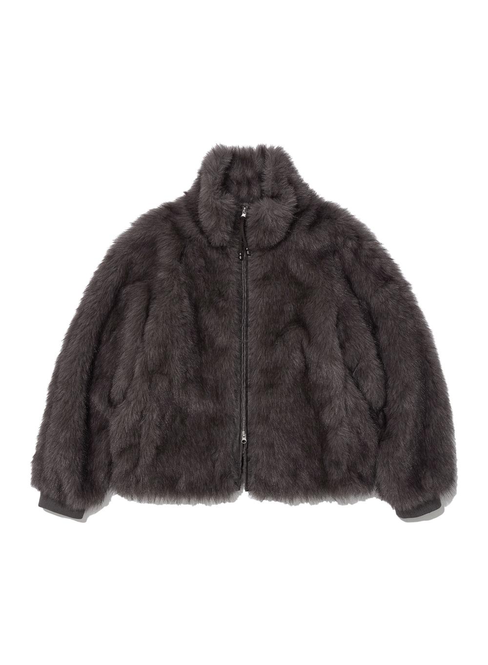 [WOMEN] HIGH NECK FUR ZIP-UP JACKET_MOCHA GREY